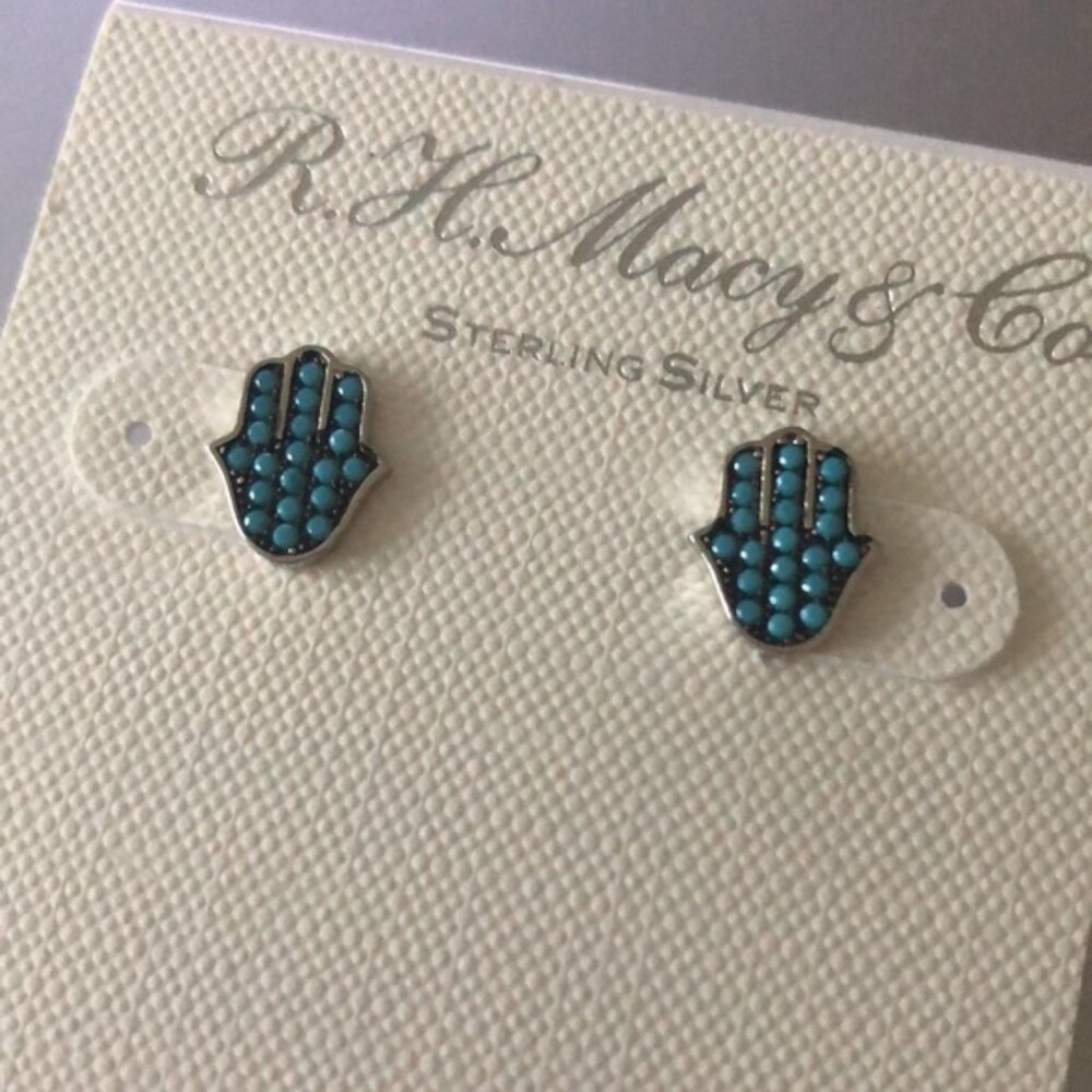 Nano Sterling Silver 925 Blue Lab Created Opal Hamsa Hand Stud Earrings